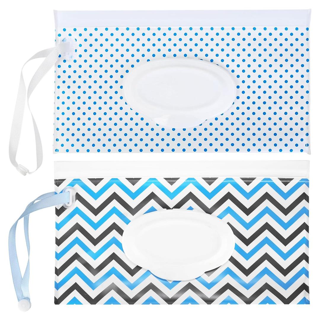 Baby Wipes Dispenser, 2 Pcs Travel Baby Wipe Holder, Refillable Baby Wet Wipe Pouch, Reusable Baby Wipes Container, Portable Wipe Dispenser, Wipe Bags for Travel, Wave and Plaid Patterns (04D)