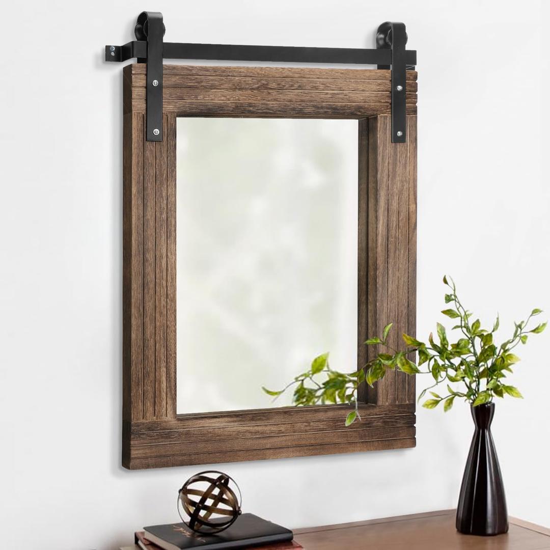 AAZZKANG Rustic Wood Mirror Rectangle Decorative Wall Mirror Large with Frame Bedroom Living Room Bathroom Hanging Mirror 20"x16" (Brown)