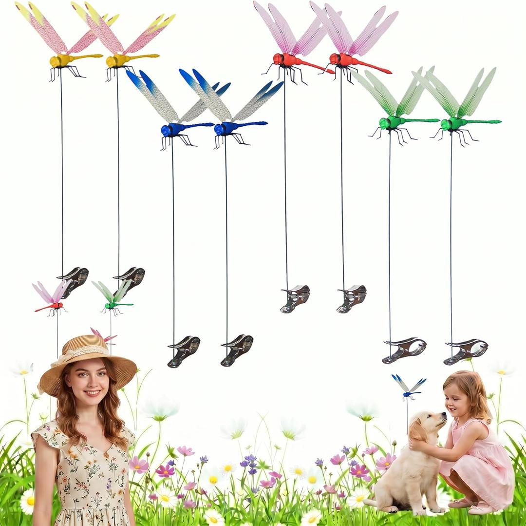 Jongdari 8pcs Dragonfly Hat Clip Realistic Fake Dragonflies Clip-On Garden Outdoor Decor Stakes Plastic Dragon Fly Clips Plant Decorations for Pot