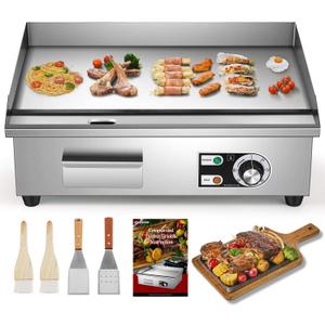 Moogiantgo Commercial Electric Griddle 22, 1600W Non-Stick Countertop Flat Top Grill Stainless Steel, Removable Oil Box, Adjustable Temperature 0-300, Teppanyaki Grill for Restaurant Kitchen, 110V