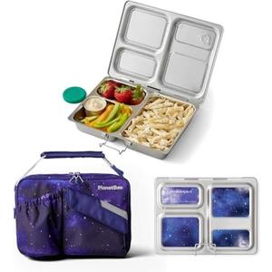 PlanetBox Launch Stainless Steel Bento Box Style Lunch Box Kit for Kids and Teens with 3 Compartments, Stardust Edition includes Insulated Lunch Bag, Leakproof Food Containers and Matching Magnets