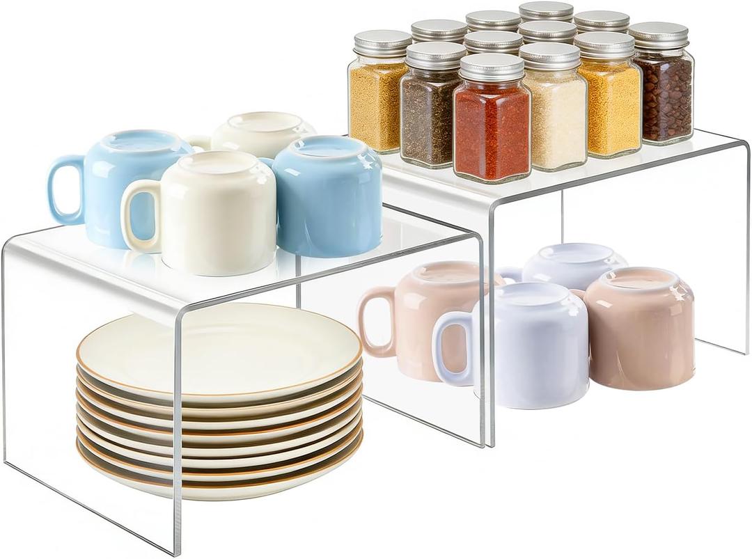 Acrylic Cabinet Organizer, Set of 2 Clear Shelf Organizer for Kitchen Pantry Organizers and Storage, Display Cabinet Shelf Room Decor Countertop Desk Shelves, Spice Organization for Cabinet (Transparent-2 Pack)