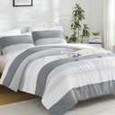 Litanika Comforter Full Size Bed Set Light Grey - 3 Pieces Lightweight Gray White Colorblock Stripe Fluffy Bedding Comforter Sets, All Season Bed Set