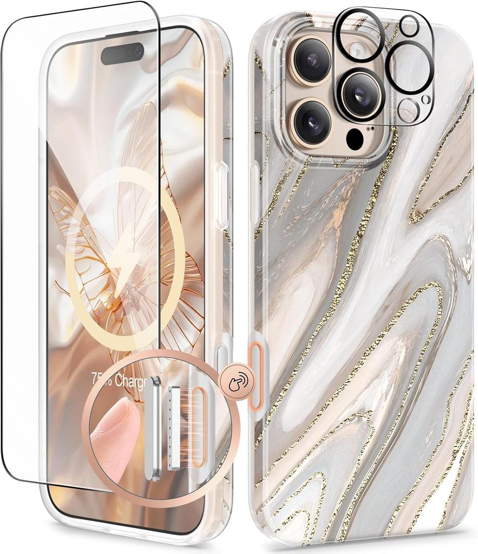 GVIEWIN for iPhone 16 Pro Case Compatible with MagSafe, with Screen & Lens Protectors, Military-Grade Protection Slim Marble Shockproof Magnetic Phone Case for 16 Pro 6.3",Dunes/Caramel