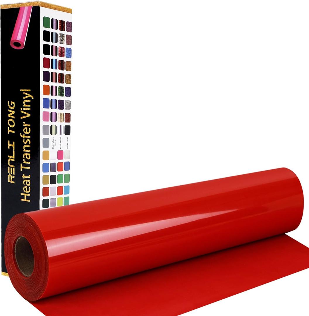 RENLITONG Red Vinyl Heat Transfer Roll for T-Shirt, Glossy HTV, 12Inch x 15ft, Cloth Surface Recommendation, Waterproof, Glitter Embellishment, All Cutter Machine Compatible