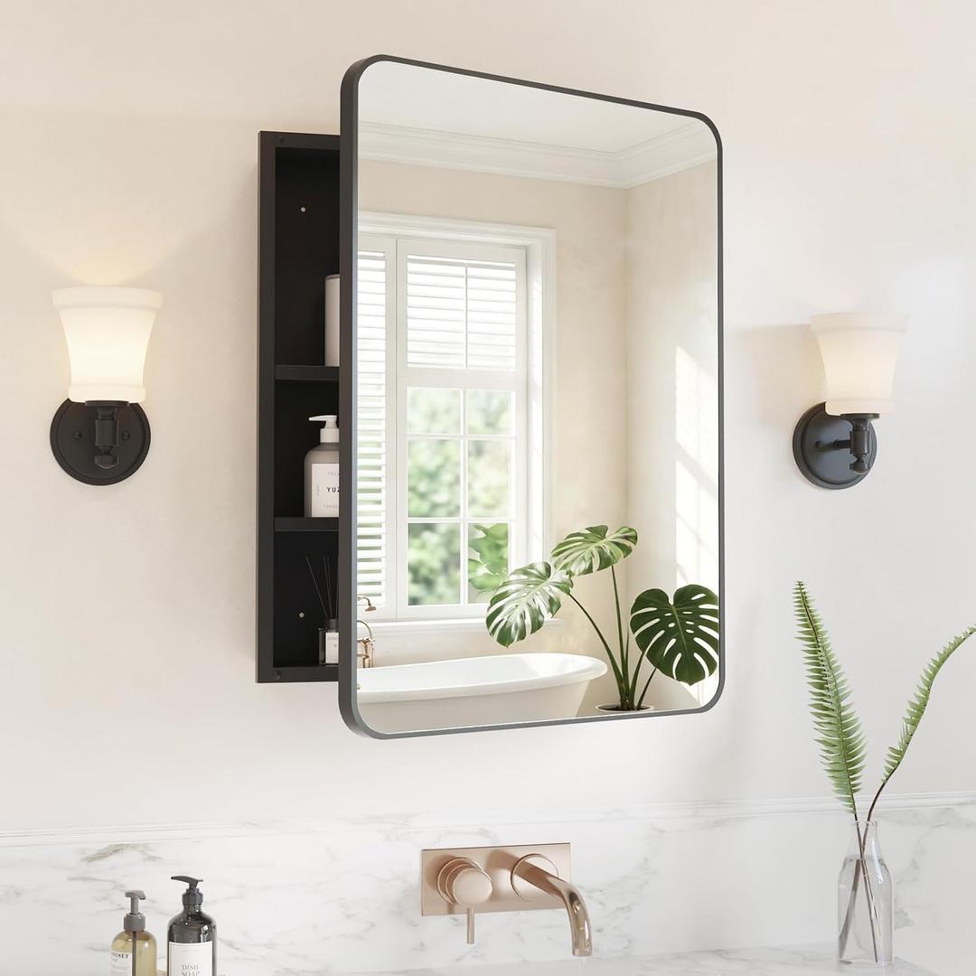 Medicine Cabinet Mirror 20x28 Inch, Black Bathroom Mirror Cabinet with Stepless Adjustable Shelves, Rounded Rectangle Metal Framed, Bathroom Mirror with Storage Recessed or Wall Mount
