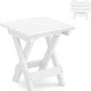 LUE BONA Small Outdoor Folding Side Table, HDPS Outside End Table for Patio, Porch, Deck, Pool, 14 Inch Height, White
