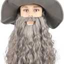 QACCF Qacf Long Curly Men's Wizard Mustache Wig Halloween Costume Cosplay Viking Fake Beard Wig (Grey)