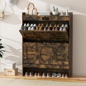 Elevon Deodorizing Shoe Storage Cabinet with 2 Flip Drawers, LED Touchscreen Freestanding Shoe Organizer with Wooden Leg, Narrow Shoe Rack Cabinet for Hallway, Bedroom and Entryway, Black