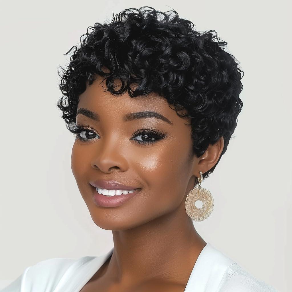Natural Black Pixie Cut Wig Short Wigs For Black Women Mommy Short Curly Wigs With Bangs for Black Women (Black) (Natual Black -2")