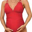 Charmo Scallop Trim Maternity Swimsuit One Piece V Neck Pregnancy Bathing Suit Ruched Swimwear Cutout Tie Back (Small, Red)