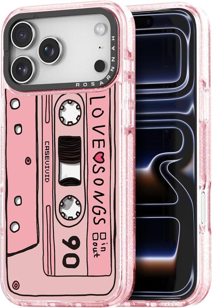 Rosarnnah for iPhone 17 Pro Case Cute - Durable Shockproof 6.6 ft Drop Impact Phone Case - Funny Cassette Tape Design (6.3") Glitter Pink