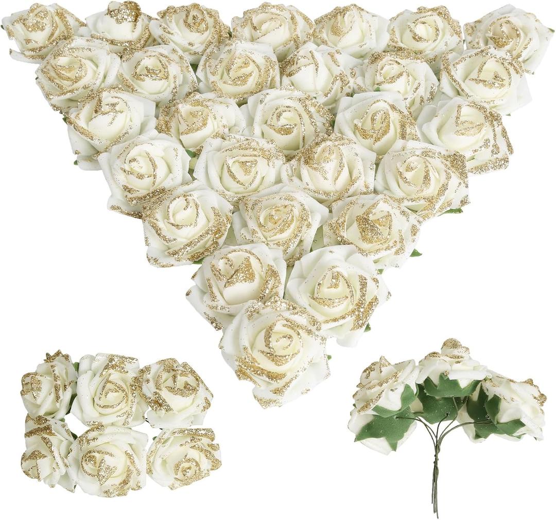 Ivory Foam Fake Roses 72pcs Glitter Roses 1.57" Cream Artificial Roses with Stems for Wall Decorations Wedding Centerpieces Bridal Shower Artificial Wedding Bouquet (Ivory)
