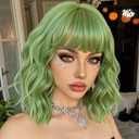 Green Wigs for Women Short Bob Wig with Bangs Lime Light Green Hair Funny Colorful Crazy Party Wavy Shoulder Length Synthetic Wig for Halloween Girl Cosplay Costume
