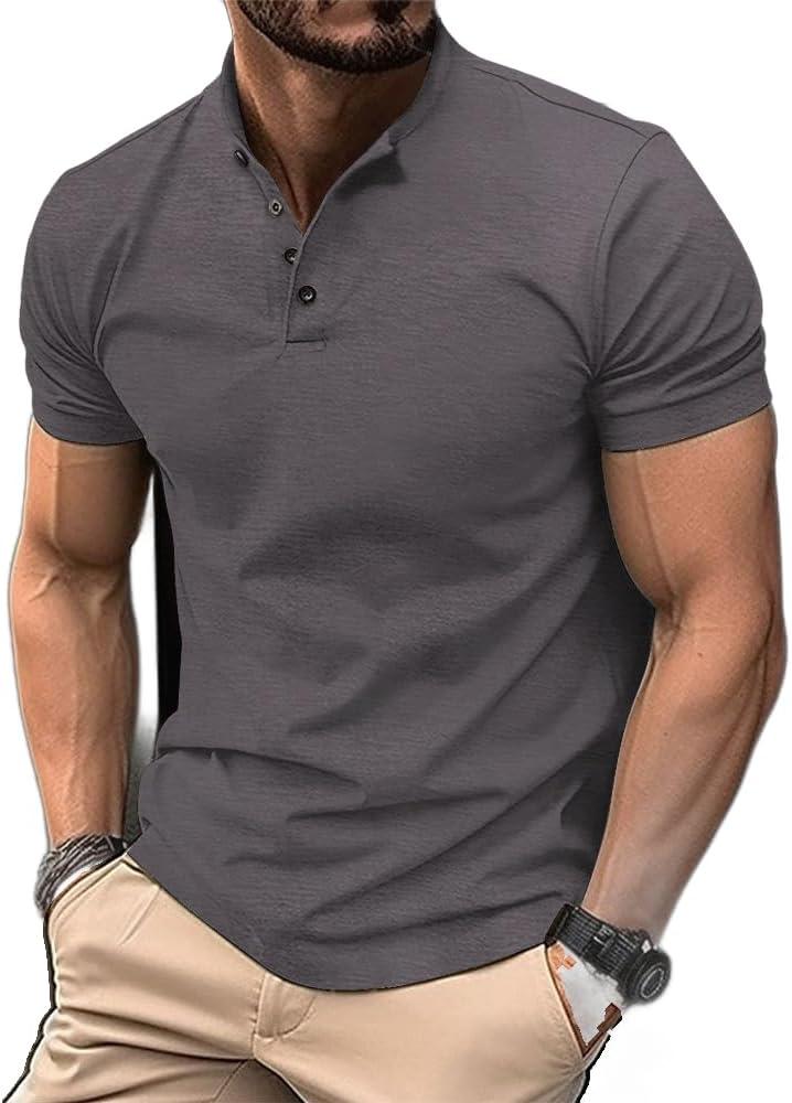 Men's Short Sleeve Henley Shirt - Premium Fitted for Men - Comfortable Casual Daily Wear (Gray, M)