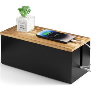 Large Wood Cable Management Box - Cable Organizer Box - 2 Open Slots Cords Hider Box - Under Desk Cord Organizer for Power Strip Extension Cord Surge Protector Charger Wire, Black