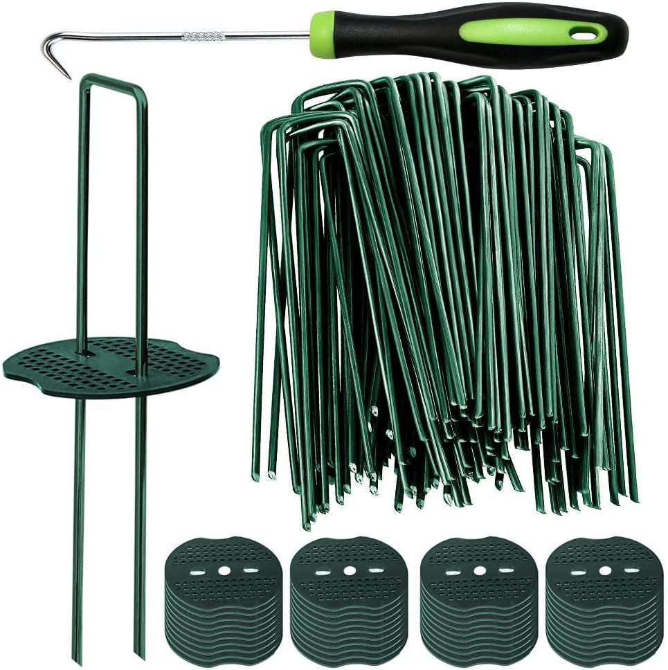 Bakulyor 150pcs Green Artificial Turf Stakes Staples + 150pcs Buffer Washer, 6 Inch 11 Gauge Landscape Staples, Galvanized Lawn Spikes, Heavy Duty Yard Ground Pin for Grass Weed Barrier Sod Fabric