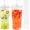 Puraville 20oz Glass Cups with Lids and Straws, 2 Pack High Borosilicate Iced Coffee Cups Drinking Glasses Tumbler for Smoothie, Water, Tea, Juice Drinks, Clear