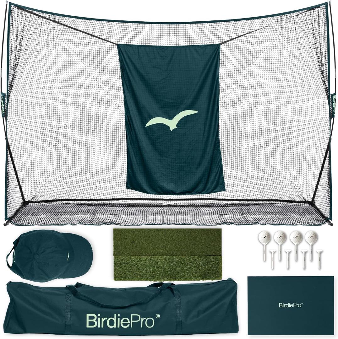 BirdiePro - American Pro Golf Practice Net, 10x7ft Heavy Duty Golf Hitting Net with EchoShield Target & FlexWeave Net, Indoor Outdoor Training Backyard, Full Set with Mat, Balls & Cap (Deep forest)