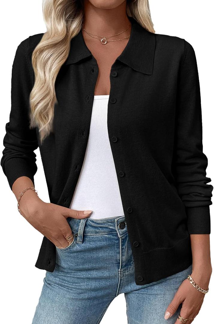 EVALESS Cardigan Sweaters for Women Wool Blend Lightweight Trendy Long Sleeve Lapel Collar Button Down Sweater Cardigans (Black, M)