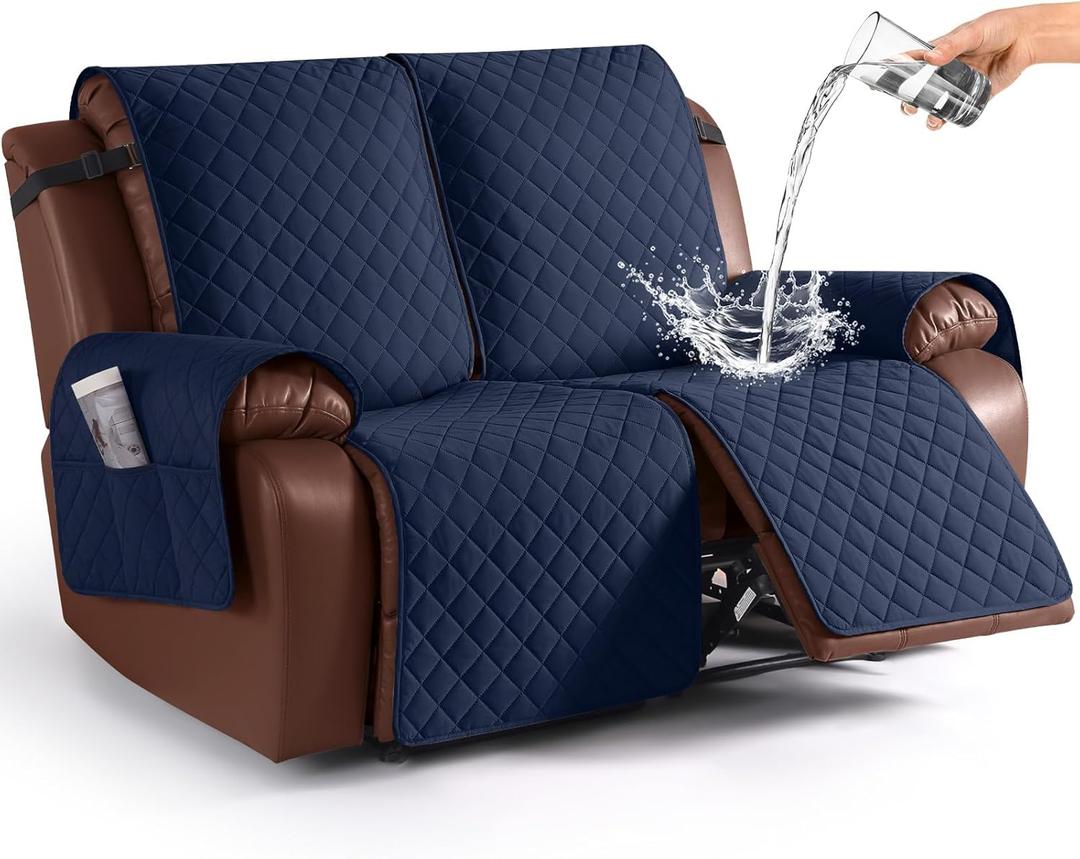 KinCam Waterproof Loveseat Recliner Cover, Non-Slip Reclining Couch Covers for 2 Seat, Recliner Sofa Cover Furniture Protector with Elastic Straps for Kids, Pets, Dark Blue