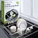 Over the Sink Expandable Dish Drainer Drying Rack In Stainless Steel for Small Kitchen, Counter Space Saving Modern Compact Metal Above Plate Dryer Strainer, Adjustable Hanging Inside Drain Holder (Silver)