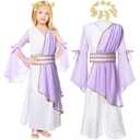 Geyoga 2 Pcs Greek Costume Girls Toga Costume, Halloween Grecian Roman Costume and Roman Crown Leaf Wreath(Kid Size, X-Large, White Purple)