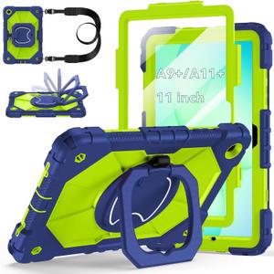 Case for Samsung Galaxy Tab A11+/A9+ Plus 11 Inch 2026/2024, Auorld Rugged Case for Samsung Galaxy A9+/A11+ Tablet with Screen Protector 360 Rotating Stand Shoulder Strap Pen Holder, Navy Green