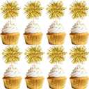 Foil Firework Cupcake Toppers, 30 PCS Gold Birthday Cupcake Toppers Cake Decorations, Sparkle Tinsel Star Cupcakes Picks for New Years Decorations 2026, Graduation, Birthday Party Decoration Supplies