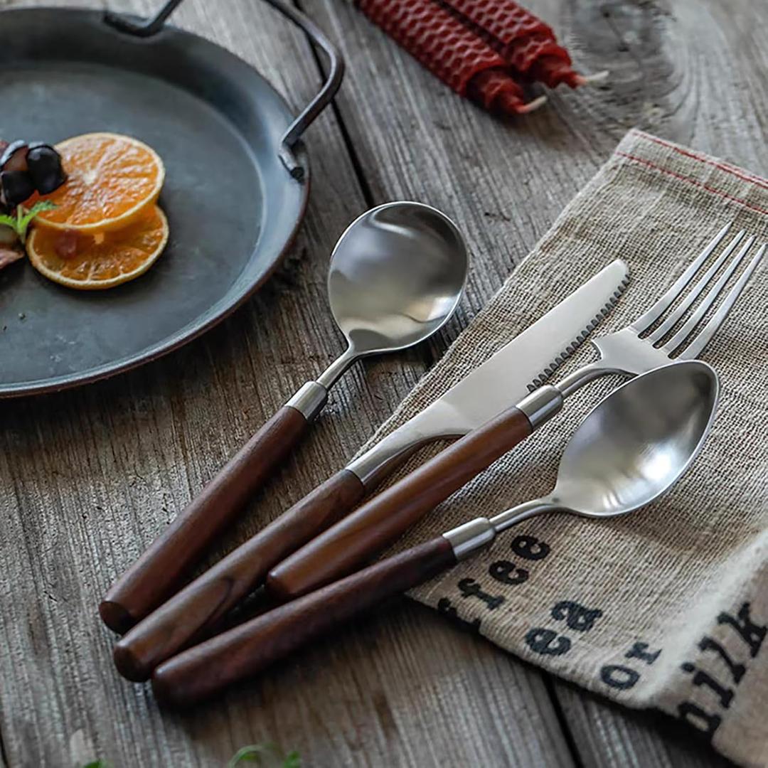 Wood Silverware Set for 4 Wooden Flatware Cutlery Utensils Set 18/10 Stainless Steel Walnut Handle 16 Piece Tableware Set for Home Kitchen Wedding Restaurant