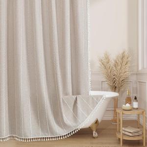 MitoVilla Boho Farmhouse Fabric Shower Curtain, Tan Brown Modern Polyester Linen Shower Curtains for Vintage Rustic Bathroom Decor, Country Tassel Thick Cloth Shower Curtain, Taupe, 72 x 72
