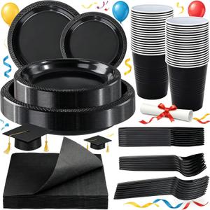 WELLIFE 210 PCS Black Plastic Plates for 30 Guests - Disposable Dinnerware Set Including Dinner Plates, Dessert Plates, 12oz Cups, Cutlery & Napkins, Black Disposable Plates for Party and Birthdays