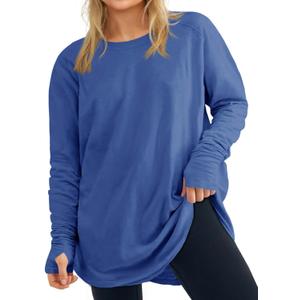 Women's Plus Size Long Sleeve Tunic Top Crew Neck Summer Oversized Fit Basic T Shirts Blouse (X-Large Plus, Blue)