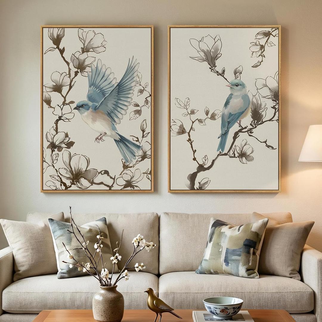 Framed Vintage Botanical Bird Wall Art, 2 Piece Neutral Minimalist Floral Canvas Painting Prints, Nature Beige Chinoiserie Asian Flower Artwork for Living Room Bedroom Kitchen Dining Room Wall Decor, 24" W x 36" H x 2Pcs