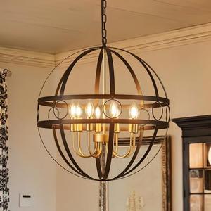 lighceac Modern Black and Gold Chandelier for Dining Room 22.8“ Industrial Vintage Globe Chandelier 8-Light for Foyer Farmhouse Rustic Pendant Ceiling Light Fixtures for Living Room Kitchen Bedroom