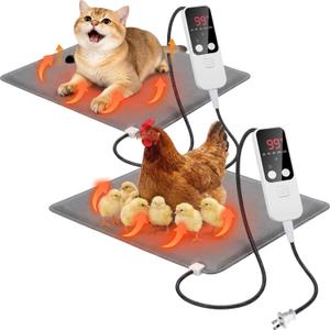 Remerry 2 Pcs Chicken Heated Pads 20 x 14 Inch Pet Heating Pad Small Animal Indoor Outdoor Heating Pad Adjustable Temperature Waterproof Heated Mat 30-Level Controller (25-60°c) with 10-Hour Timer