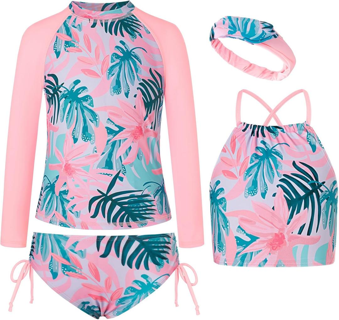GRACE KARIN Girl Long Sleeve Swimsuit Size 10 Rash Guard Tankini Set Kids Bathing Suit 4 Piece UPF50+ Beach Swimwear