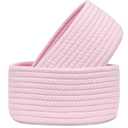 2 PackABenkle Small Woven Baskets, Tiny Oval Shallow Storage Baskets, Mini Cotton Rope Empty Decorative Basket, Boho Little Organizer Bins for Bathroom, Cat Dog Toy Gifts Baskets (Pink)
