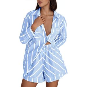 Tankaneo Womens Striped 2 Piece Outfits Button Down Shirts and Shorts Lounge Matching Sets,small