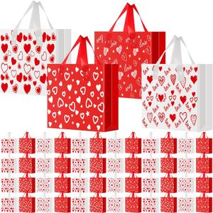 Tenceur 48 Pieces Valentine's Day Plastic Gift Bags Red and White Heart Large Shopping Bags with Handle 13'' x 10'' Valentine Treat Goodie Merchandise Tote Bulk for Holiday Party Supplies