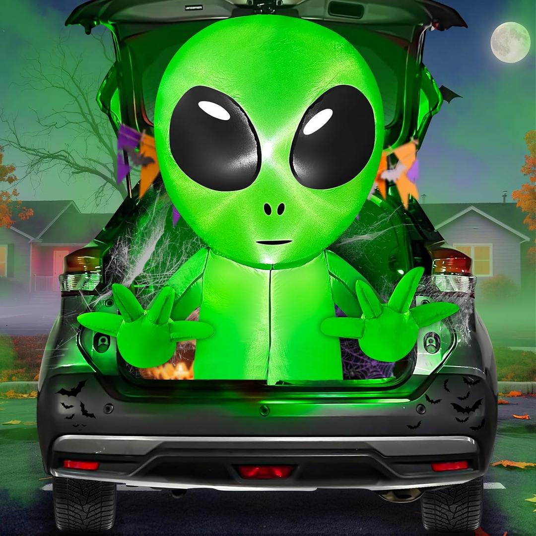 3.5 Ft Halloween Inflatable Alien Trunk Or Treat Car Decoration with Built-in LEDs, Halloween Blow Up Alien Broke Out from Car Decoration Outdoor Yard Decor
