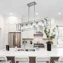 5-Light Farmhouse Chandeliers Brushed Nickel Dining Room Lighting Fixture for Kitchen Island Rectangle Chandelier Rustic Ceiling Lights with Clear Glass Shades, 41 inches x 8.5 inches x 41.3 inches