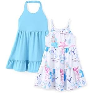 PATPAT Girls' Summer Dress Multipack – Quick-Dry, Cooling Fabric with Hawaiian & Mermaid Prints for Toddlers, Size 4-5Y