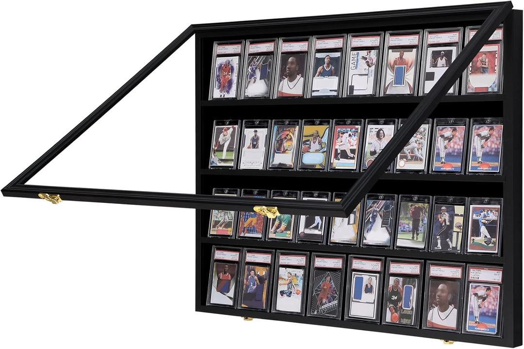 VERANI 36 Baseball Card Display Case - Graded Sports Card Display Frame - Holds Sport Cards with UV Protection Clear View Lockable Wall Cabinet for Football Basketball Hockey Trading Card Large Black