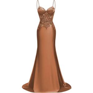 Silk Beaded Prom Dresses Long for Women Mermaid Formal Dresses Spaghetti Straps Evening Party Gowns (2, Brown)