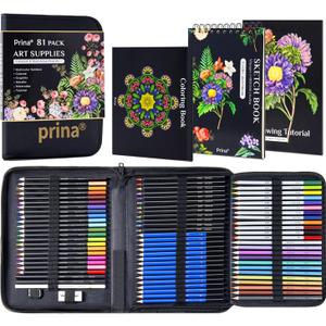 PRINA 81 Drawing Set Sketching Kit, Pro Sketch Pencils Art Supplies with Rainbow, Colored, Graphite, Watercolor, Metallic, Charcoal Pencil, Sketchbook, Coloring Book, Gift Case for Artists Adults Kids