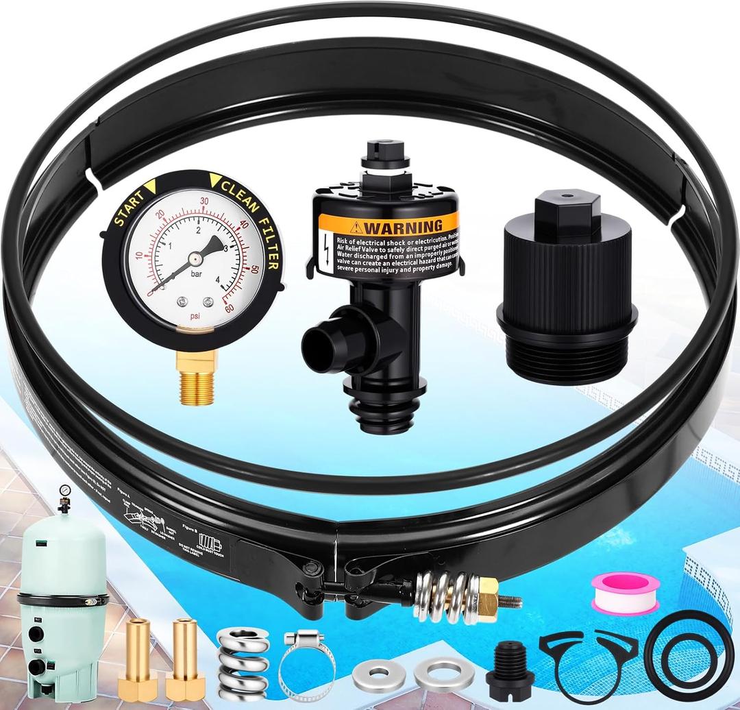 190003 Pool Filter Tension Control Clamp & 98209800 Pressure Gauge Kit Compatible with Pentair, Include High Flow Manual Air Relief Valve, O-ring, Nut Replacement Parts for Spa, Pool Filter
