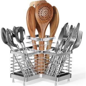 Utensil Holder, Stainless Steel Corner Utensil Holder for Kitchen Counter, 3 Compartments Utensil Crock Organizer for Spatulas, Silverware, Forks, Knives, Spoons & Cooking Tools