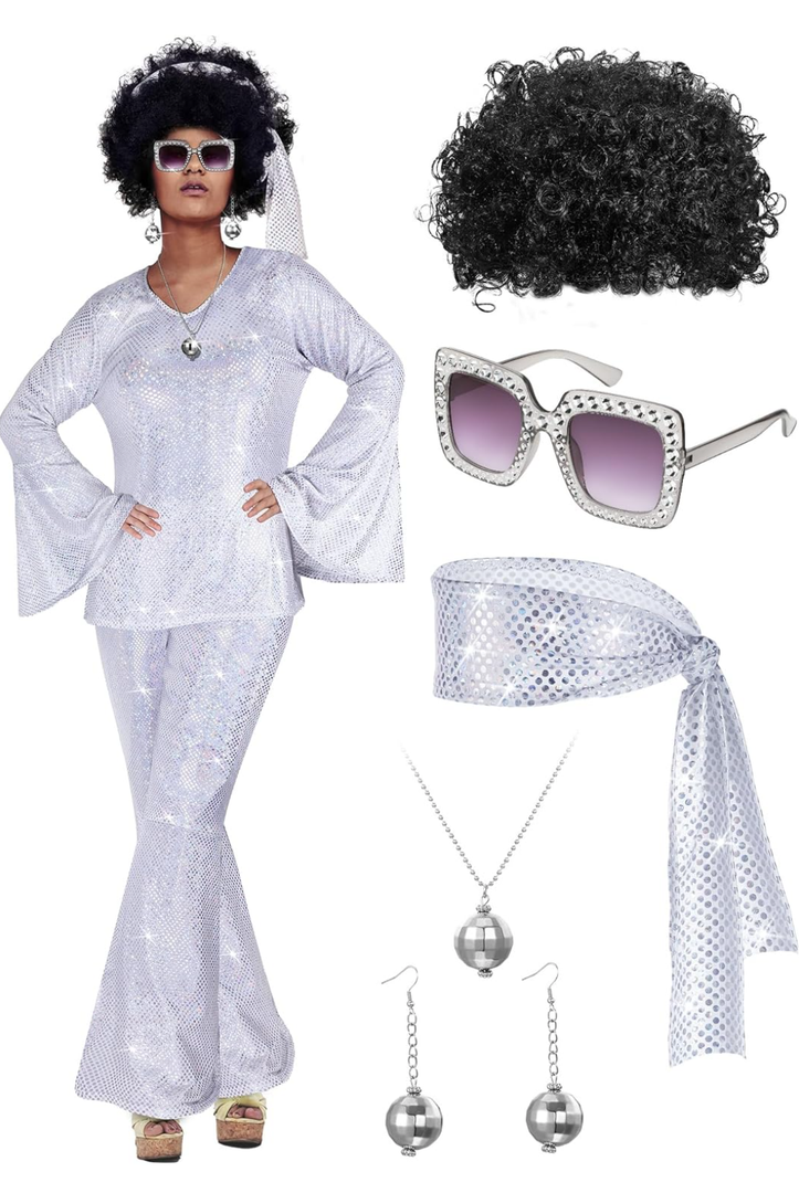Jexine Halloween 70s Women Disco Outfit Costume Set Disco Party Top Pants Sunglasses Ball Necklace Earring Wig M