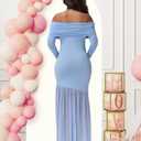 Maternity Long Sleeve Off Shoulder Baby Shower Dress Party Mesh Paneled Split Maxi Photography Gown for Photoshoot (Blue, M)